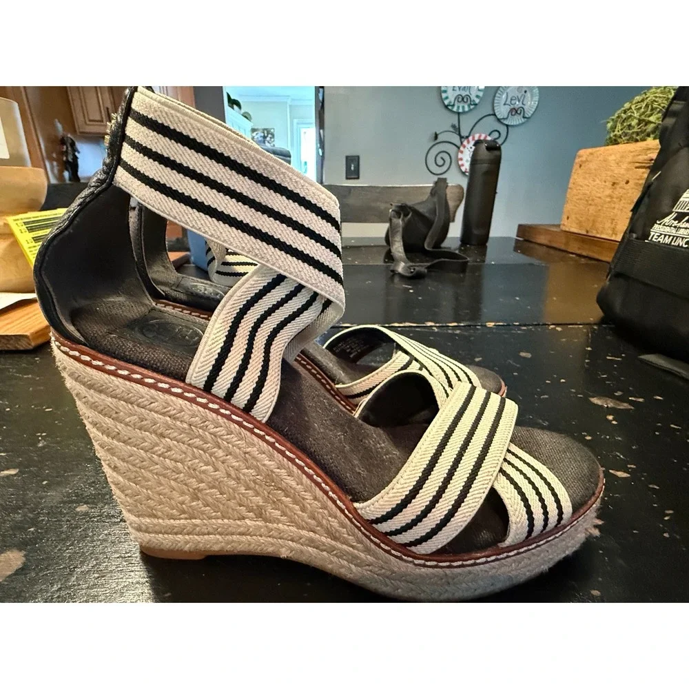 Tory Burch Women Black White Striped Elastic Espadrille Wedge Sandals Size 9